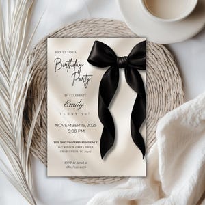 Black Bow Birthday Invitation Template: Elegant Editable Party Invite, Digital Download for Printable and Phone Format