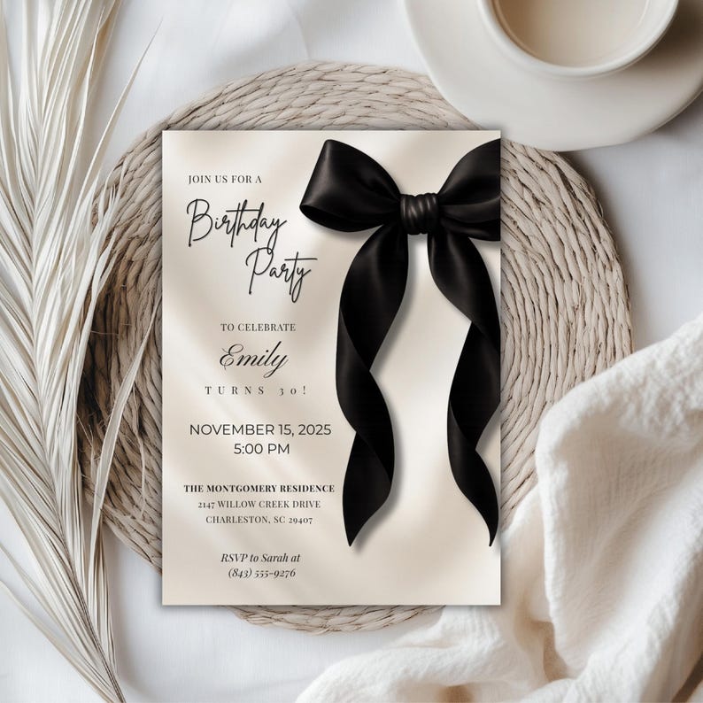 Black Bow Birthday Invitation Template: Elegant Editable Party Invite, Digital Download for Printable and Phone Format
