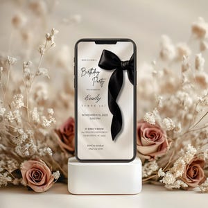 Black Bow Birthday Invitation Template: Elegant Editable Party Invite, Digital Download for Printable and Phone Format