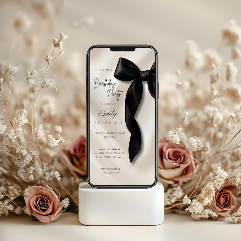 Black Bow Birthday Invitation Template: Elegant Editable Party Invite, Digital Download for Printable and Phone Format
