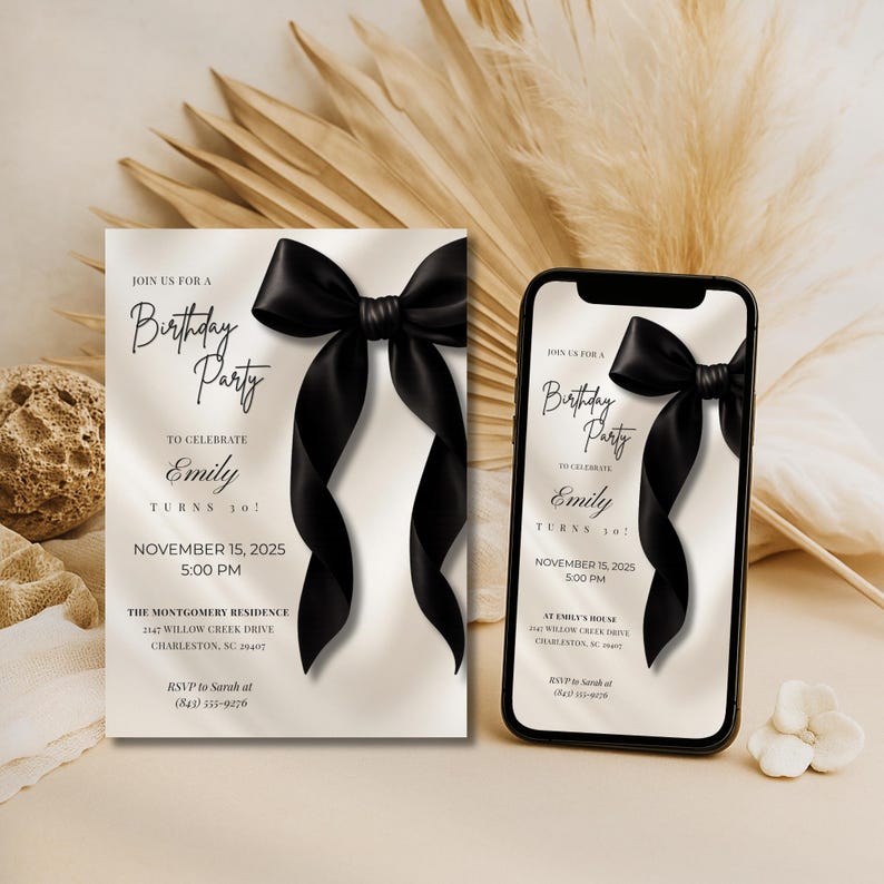 Black Bow Birthday Invitation Template: Elegant Editable Party Invite, Digital Download for Printable and Phone Format