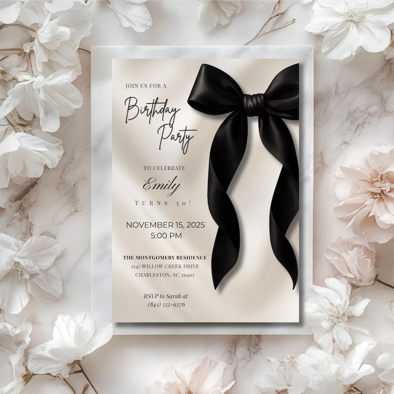 Black Bow Birthday Invitation Template: Elegant Editable Party Invite, Digital Download for Printable and Phone Format