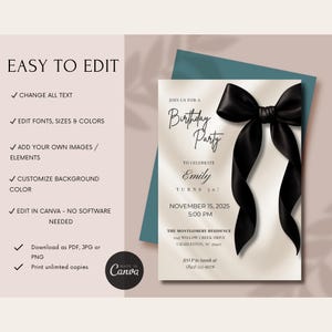 Black Bow Birthday Invitation Template: Elegant Editable Party Invite, Digital Download for Printable and Phone Format