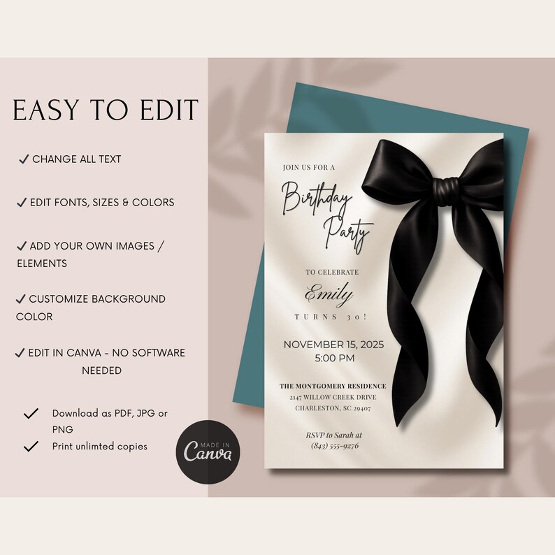 Black Bow Birthday Invitation Template: Elegant Editable Party Invite, Digital Download for Printable and Phone Format