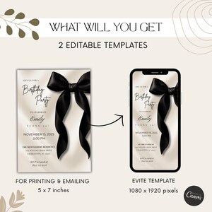 Black Bow Birthday Invitation Template: Elegant Editable Party Invite, Digital Download for Printable and Phone Format