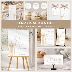 Baptism Invitation Bundle | Editable Christening Bundle | Minimal Gold Beige Design | Printable Religious Event Decoration