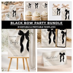 Black Bow Party Invitation Bundle | Elegant Printable Party Decor | Editable Wedding & Birthday Bundle | Editable Games | Digital Download