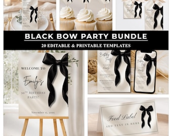 Black Bow Party Invitation Bundle | Elegant Printable Party Decor | Editable Wedding & Birthday Bundle | Editable Games | Digital Download