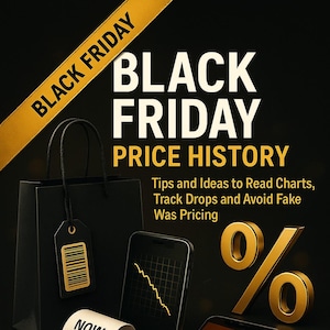 Könnte beinhalten: Grafik zum Thema Black Friday mit dem Text "Black Friday Price History". Enthält eine Einkaufstasche, Smartphones mit Diagrammen, ein Preisschild und ein Prozentzeichen. Das Buch ist von Florin Daniel.