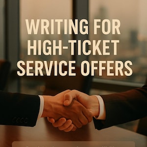 May include: Image of a book cover with the title "WRITING FOR HIGH-TICKET SERVICE OFFERS." The image shows a handshake, a document, and a pen on a wooden table. Text on the cover includes "Positioning stories, credibility signals, and persuasive proposals" and "FLORIN DANIEL."