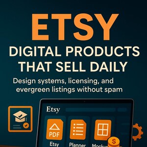 Peut inclure: Un ordinateur portable affiche le texte "ETSY DIGITAL PRODUCTS THAT SELL DAILY" avec des icônes pour Etsy, un PDF, un planificateur et des maquettes. La couverture du livre comprend également le nom de l'auteur, Florin Daniel.