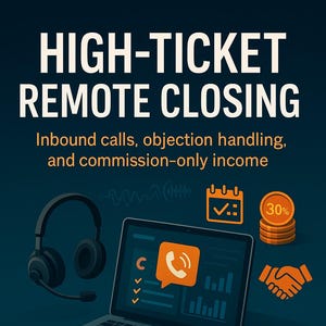 Puede incluir: Ilustración de un portátil, un smartphone y unos auriculares con el texto "HIGH-TICKET REMOTE CLOSING". La imagen incluye iconos de teléfono, calendario, monedas y apretón de manos, con el nombre del autor, Florin Daniel.