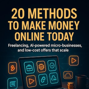 Puede incluir: Portada de libro titulada "20 Methods to Make Money Online Today" con el nombre del autor, Florin Daniel. La portada presenta un portátil que muestra iconos, un smartphone, una taza y monedas sobre una superficie de madera.