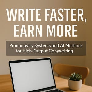 Op de afbeelding: Een laptop, een open notitieboek en een pen liggen op een houten bureau. Het laptopscherm is leeg. De tekst bovenaan luidt "WRITE FASTER, EARN MORE". Hieronder staat "Productivity Systems and AI Methods for High-Output Copywriting". De naam van de auteur, FLORIN DANIEL, staat onderaan.