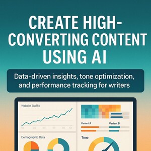 May include: A book cover with the title "CREATE HIGH-CONVERTING CONTENT USING AI" in large white letters. The cover includes a computer screen displaying data visualizations and the author's name, Florin Daniel.