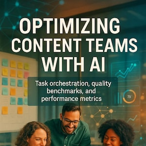 Puede incluir: Portada de libro con el título "OPTIMIZING CONTENT TEAMS WITH AI". La imagen muestra a tres personas mirando una computadora portátil. El texto debajo del título dice "Task orchestration, quality benchmarks, and performance metrics". El nombre del autor, FLORIN DANIEL, está en la parte inferior.
