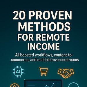 Puede incluir: Portada de libro con el título "20 Métodos Probados para Ingresos Remotos". La imagen muestra un portátil con un gráfico, iconos de IA, un carrito de compras, un apretón de manos, un símbolo de dólar y auriculares. Autor: Florin Daniel.