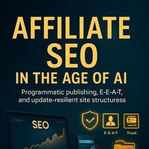May include: Book cover titled "AFFILIATE SEO IN THE AGE OF AI" with a laptop displaying a graph and the word "SEO". A smartphone, magnifying glass, and icons are also present. The author's name, FLORIN DANIEL, is at the bottom.