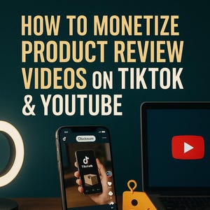 May include: Image promoting a guide on monetizing product review videos on TikTok and YouTube. The image features a smartphone displaying a TikTok video, a laptop with a YouTube logo, and text that reads "HOW TO MONETIZE PRODUCT REVIEW VIDEOS ON TIKTOK & YOUTUBE."