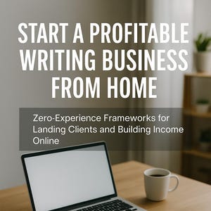 May include: A laptop, coffee cup, and documents are on a wooden desk. The text "START A PROFITABLE WRITING BUSINESS FROM HOME" is at the top. Below, the text reads "Zero-Experience Frameworks for Landing Clients and Building Income Online."