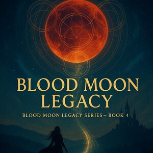May include: Book cover for "Blood Moon Legacy" by Florin Daniel. The cover features a large, orange moon with geometric designs, a silhouetted figure, and a castle. The title and author's name are in gold.