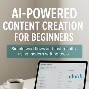 Può includere: Un laptop che mostra un'interfaccia di creazione di contenuti è accanto a una tazza di caffè e un blocco note con una penna. L'immagine include il testo "AI-POWERED CONTENT CREATION FOR BEGINNERS" e "FLORIN DANIEL".
