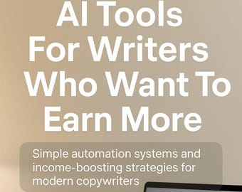 May include: A laptop displaying data analysis sits on a wooden desk next to a small potted plant. The image features the text "AI Tools For Writers Who Want To Earn More" and "Simple automation systems and income-boosting strategies for modern copywriters."