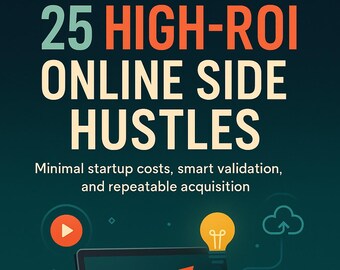 May include: Book cover with the title "25 HIGH-ROI ONLINE SIDE HUSTLES" in orange and teal. A laptop displays an ROI graph, with gold coins and a lightbulb graphic. The author's name, FLORIN DANIEL, is at the bottom.