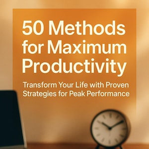 May include: A book cover titled "50 Methods for Maximum Productivity" by Alexandra Aioni. A laptop, a clock, and an open notebook with a pen are on a wooden desk. The book promises to transform life.