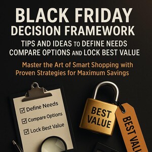 Peut inclure: Image de couverture de livre "BLACK FRIDAY DECISION FRAMEWORK" avec des conseils d'achat. Comprend un presse-papiers, une loupe, une calculatrice et un cadenas doré avec une étiquette "BEST VALUE".