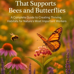 Puede incluir: Portada de libro con una mariposa y una abeja en un jardín, con el título "How to Design Pollinator Garden That Supports Bees and Butterflies". El nombre del autor, Alexandra Aioni, está en la parte inferior.
