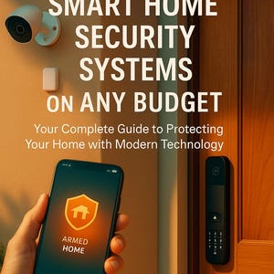 Puede incluir: Portada del libro titulada "CÓMO INSTALAR SISTEMAS DE SEGURIDAD PARA EL HOGAR INTELIGENTE CON CUALQUIER PRESUPUESTO". La portada presenta una cámara de seguridad, un teléfono inteligente que muestra un icono de "ARMED HOME" y un teclado. La autora es Alexandra Aioni.