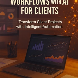 Può includere: Un laptop che mostra visualizzazioni di dati è su una scrivania di legno. La copertina del libro recita "42 Data and Research Workflows with AI for Clients" e "Transform Client Projects with Intelligent Automation" di Florin Daniel.