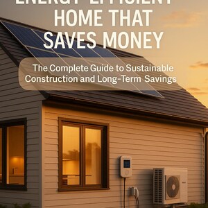 Puede incluir: Portada de libro con una casa con paneles solares. El título es "HOW TO BUILD AN ENERGY-EFFICIENT HOME THAT SAVES MONEY". También se puede leer "The Complete Guide to Sustainable Construction and Long-Term Savings". Autor: FLORIN DANIEL.