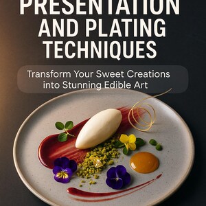 May include: A dessert plate with a white oblong dessert, red sauce, green granules, yellow flowers, and purple pansies. The text reads "DESSERT PRESENTATION AND PLATING TECHNIQUES" and "Transform Your Sweet Creations into Stunning Edible Art" by Florin Daniel.