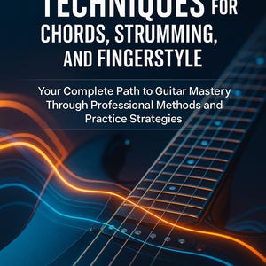 May include: Book cover titled "Essential Guitar Techniques" with text for chords, strumming, and fingerstyle. The cover features a guitar with glowing orange and blue lines. The author's name, Florin Daniel, is at the bottom.