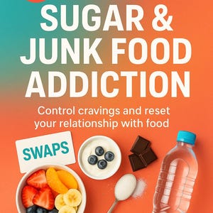 May include: Book cover with the title "BEAT SUGAR & JUNK FOOD ADDICTION" in white text on a gradient orange and teal background. The image includes healthy food swaps like fruit, yogurt, and water, and the author's name.