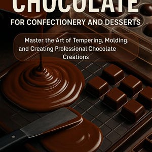 May include: A book cover for "Working with Chocolate" for confectionery and desserts. The image features flowing melted chocolate, chocolate squares, and a spatula. The author's name, Florin Daniel, is displayed at the bottom of the cover.
