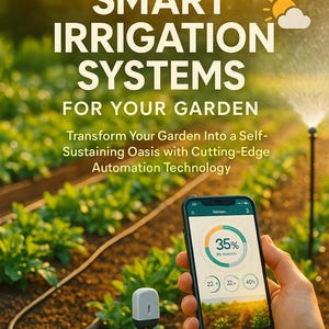 May include: Image of a smartphone displaying irrigation system data, held over a garden bed. The text reads "HOW TO SET UP SMART IRRIGATION SYSTEMS FOR YOUR GARDEN". A soil moisture sensor is also visible. The book is by Alexandra Aioini.