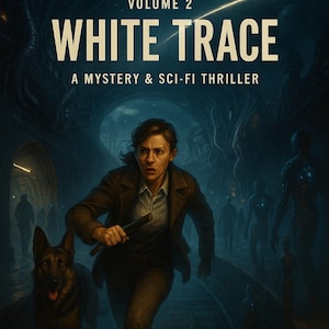 Peut inclure: Couverture du livre "White Trace", un thriller de mystère et de science-fiction. La couverture présente une femme courant avec un chien, et le texte du titre est en blanc. L'auteur est Florin Daniel.