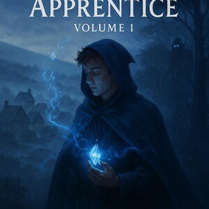 May include: Book cover for "The Mage's Apprentice, Volume 1" by Florin Daniel. A person in a hooded cloak holds a glowing crystal, with blue energy emanating from it. The background features a dark forest and a village.