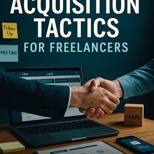 Puede incluir: Portada de libro con el título "40 Client Acquisition Tactics for Freelancers". La imagen muestra un apretón de manos sobre un portátil, con el texto "Transform Your Freelance Business from Feast-or-Famine to Consistent Revenue Stream."