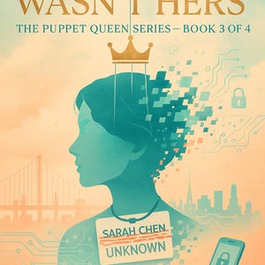 May include: Book cover for "Her Name Wasn't Hers" from The Puppet Queen series. The cover features a teal silhouette of a person with a crown, a cityscape, and the text "SARAH CHEN UNKNOWN". The author's name, Florin Daniel, is also displayed.