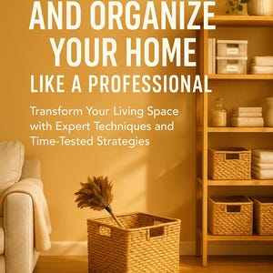 May include: A book cover with the title "HOW TO CLEAN AND ORGANIZE YOUR HOME LIKE A PROFESSIONAL". The cover features a woven basket with a feather duster, a wooden shelf with storage boxes, and the author's name, Alexandra Aioni.