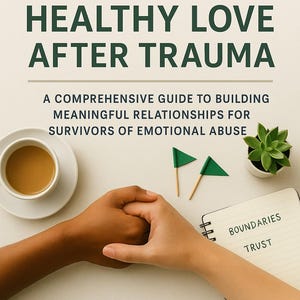 Op de afbeelding: Boekomslag getiteld "Gezonde liefde aantrekken na trauma" met de tekst: "Een uitgebreide gids voor het opbouwen van zinvolle relaties voor overlevenden van emotioneel misbruik." Bevat een kopje koffie, een vetplant en handen die elkaar vasthouden.