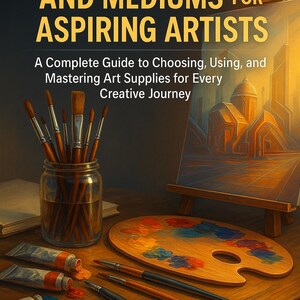 Op de afbeelding: Boekomslag getiteld "TOOLS, MATERIALS AND MEDIUMS FOR ASPIRING ARTISTS" met kunstbenodigdheden. Een glazen pot bevat penselen, met tubes verf, een houten palet en een doek op een ezel. De naam van de auteur, FLORIN DANIEL, staat onderaan.