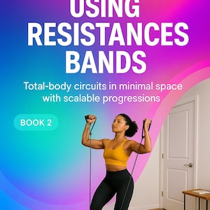 Puede incluir: Portada del libro con el título "LOSE WEIGHT USING RESISTANCES BANDS". Una mujer con sujetador deportivo amarillo y leggings negros hace ejercicio con bandas de resistencia. El libro es de Alexandra Aioni.