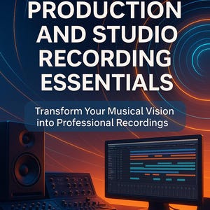 Könnte beinhalten: Ein Buchcover mit dem Titel "MUSIC PRODUCTION AND STUDIO RECORDING ESSENTIALS" in großen weißen Buchstaben. Das Bild zeigt Studioaufnahmegeräte, darunter Lautsprecher, ein Mischpult und eine Tastatur. Der Text "Transform Your Musical Vision into Professional Recordings" ist ebenfalls vorhanden.