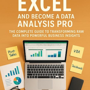 Puede incluir: Un portátil que muestra gráficos de Excel, con notas adhesivas etiquetadas como "Pivot Tables", "VBA" y "Dashboards". La imagen también incluye un par de gafas, una regla y el título del libro "How to Master Excel".