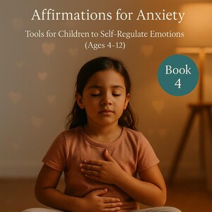 Może przedstawiać: Okładka książki z tytułem "I Am Calm" i podtytułem "Afirmacje na lęk". Na okładce widnieje zdjęcie małej dziewczynki medytującej, z tekstem wskazującym, że książka jest dla dzieci w wieku 4-12 lat. Autorką jest Alexandra Aioni.